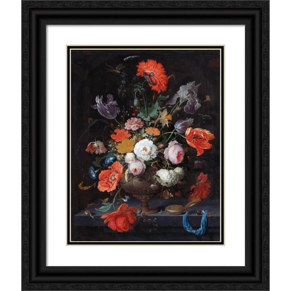 Abraham Mignon 12x14 Black Ornate Wood Framed Double Matted Museum Art Print Titled: Still Life with Flowers and a Watch (C. 1660 - C. 1679)