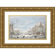 Abraham Rademaker 14x11 Gold Ornate Wood Frame and Double Matted Museum Art Print Titled - Snow Falling on a Dutch Town