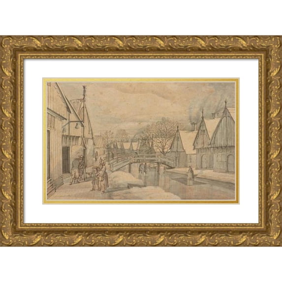 Abraham Rutgers 18x13 Gold Ornate Wood Frame and Double Matted Museum Art Print Titled - A Street in Jisp on a Winter's Day (Before 1664)
