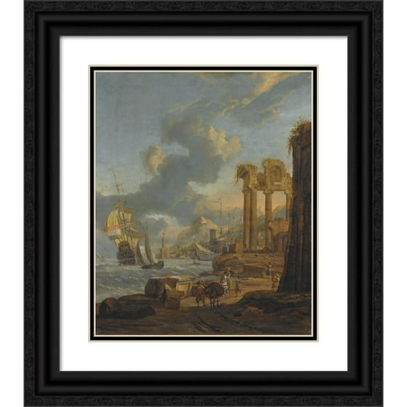 Abraham Storck 12x14 Black Ornate Wood Framed Double Matted Museum Art Print Titled: A Mediterranean Harbour Scene with Travellers on the Shore, a Dutch Man-Of-War on the Left (1677)