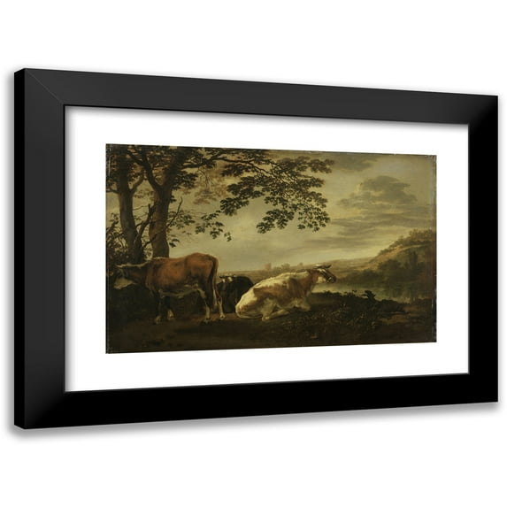 Abraham Van Calraet 24x17 Black Modern Framed Museum Art Print Titled - Cattle on a River Bank Netherlands (C. 1662 - 1722)