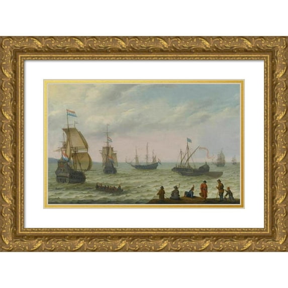 Abraham Willaerts 24x17 Gold Ornate Framed and Double Matted Museum Art Print Titled - Coastal Landscape with Dutch Shipping in Choppy Seas (1643)