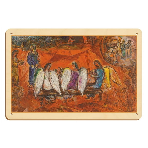 Abraham and the Three Angels - From an Original Color Painting by Marc Chagall c.1966 - 8 x 12 inch Vintage Wood Art Sign