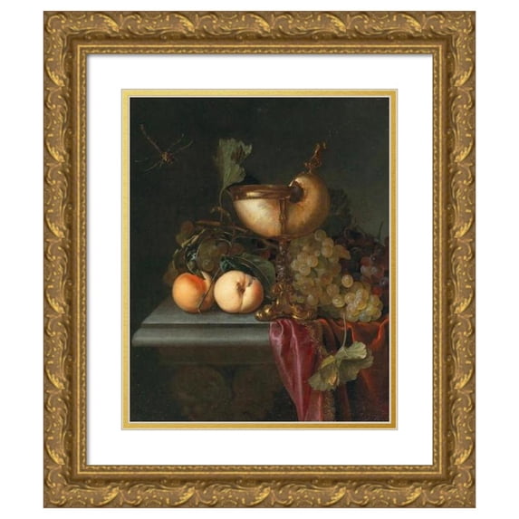 Abraham de Lust 12x14 Gold Ornate Wood Frame and Double Matted Museum Art Print Titled - Still Life with a Nautilus Cup, Grapes and Peaches
