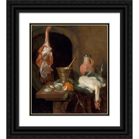 Abraham van Beyeren 12x14 Black Ornate Wood Framed Double Matted Museum Art Print Titled: Preparations for a Meal (1664)