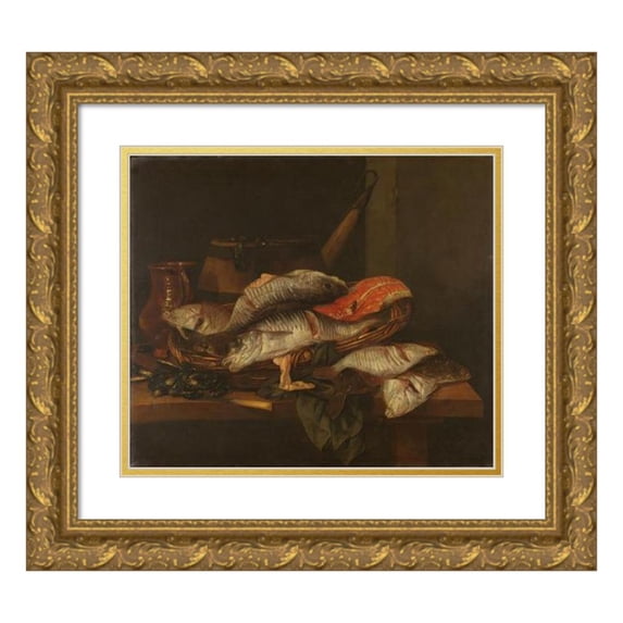 Abraham van Beyeren 23x20 Gold Ornate Framed and Double Matted Museum Art Print Titled - Still Life with Fish (C. 1650 - C. 1670)