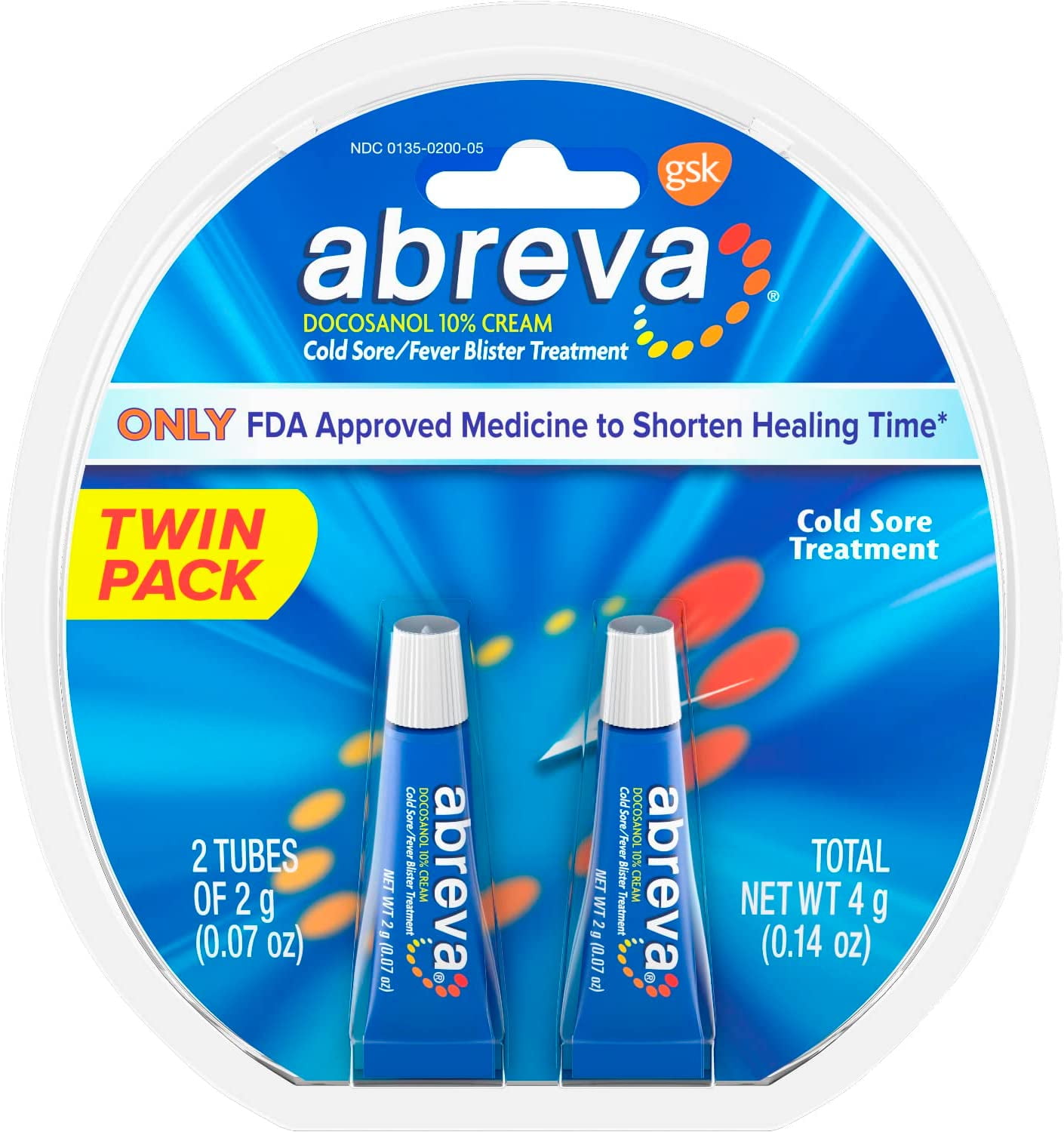 Abreva 10 Percent Docosanol Cold Sore Treatment, Treats Your Fever Blister in 2.5 Days - 0.07 oz Tube x 2