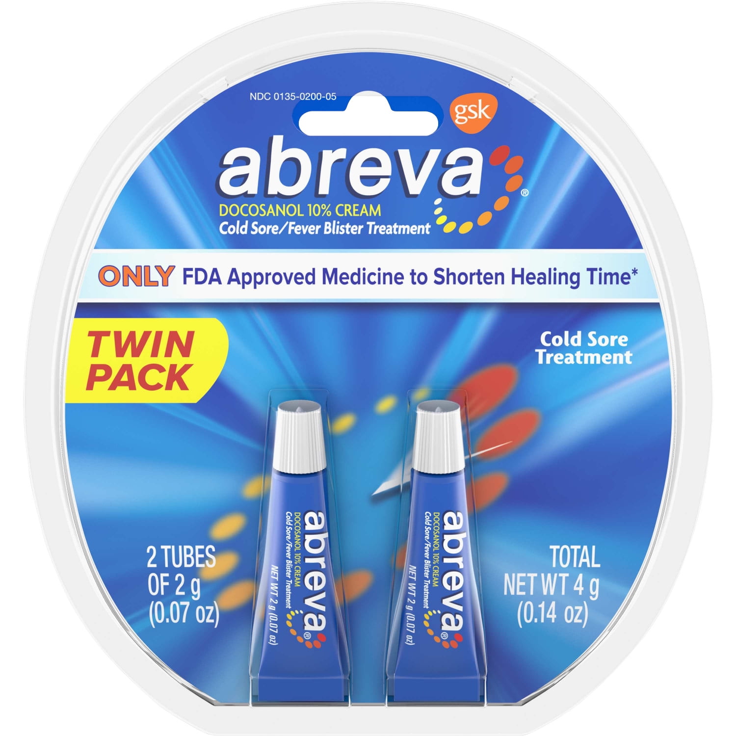 Abreva Docosanol 10% Cream Tube, FDA Approved Treatment for Cold SoreFever Blister, 4 grams Twinpack two 2gram tubes