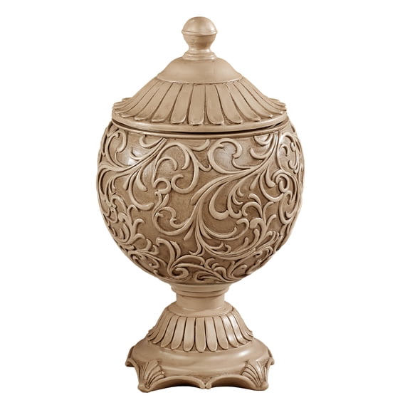Abriella Traditional Decorative Covered Jar Tan Spherical Scrolls 11 Inches High