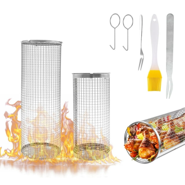 Abrihome 2 Pcs Rolling Grilling Basket,Round Stainless Steel BBQ Grill Mesh, 8 inch & 12 inch