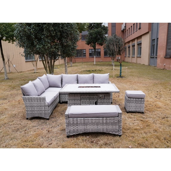 Abrihome 5-Piece Aluminum Material Wicker Outdoor Conversational Sofa Set with Fire Pit Table,Gray