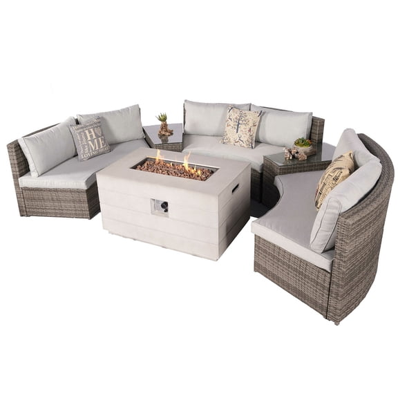 Abrihome 6-Piece Patio Gray Rattan Wicker Halfmoon Shape Sectional Sofa Set with Fire Pit Table