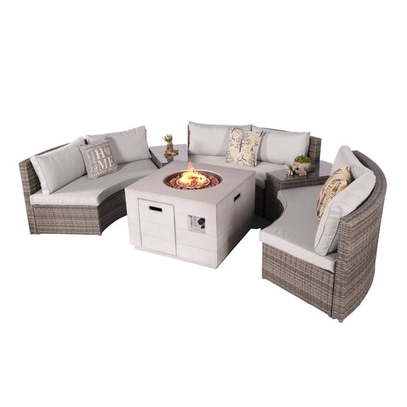 Abrihome 6-Piece Patio Rattan Wicker Halfmoon Shape Sectional Sofa Conversational Set with Fire Pit Table,Gray