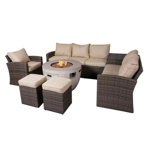 Abrihome 7-Piece Patio Gray Rattan Wicker Conversational Sofa Set with Fire Pit Table and Storage Box