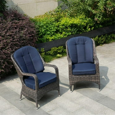 Abrihome Moda 2-Piece Outdoor Wicker Dining Chairs with Cushions Brown Wicker+Navy Cushion