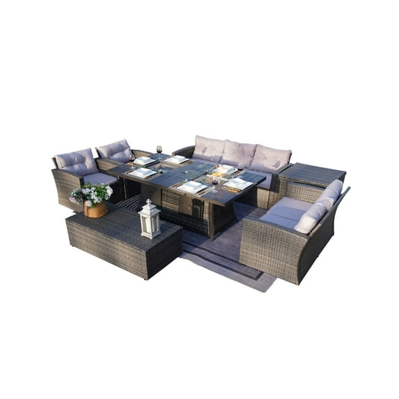 Abrihome NEW 7-Piece Patio Brown Conversational Sofa Set With Gas Firepit And Ice Container Rectangle Dining Table And Storage Box