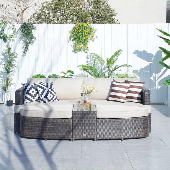 Abrihome Outdoor Garden Daybed Sofa Rattan Garden Furniture,Brown
