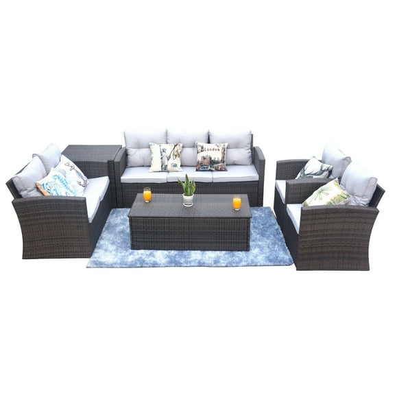 Abrihome Popular Patio Wicker Sectional Brown Sofa with Storage Box, 6 Pieces