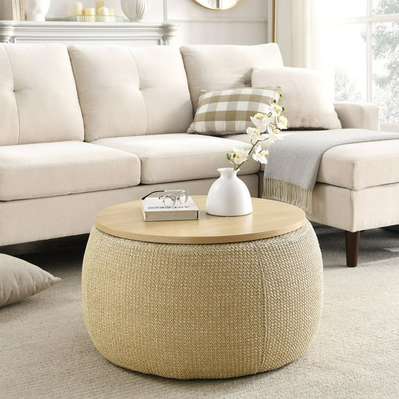 Abrihome Round Storage Ottoman, 2 in 1 Function, Work as End table and Ottoman, Natural (25.5"x25.5"x14.5")