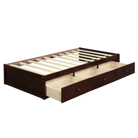 Abrihome Twin Size Platform Wood Storage Bed with 3 Drawers,Cherry