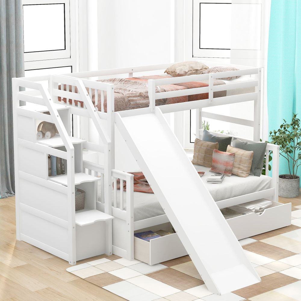 Abrihome Twin over Full Bunk Bed with Drawers,Storage and Slide ...