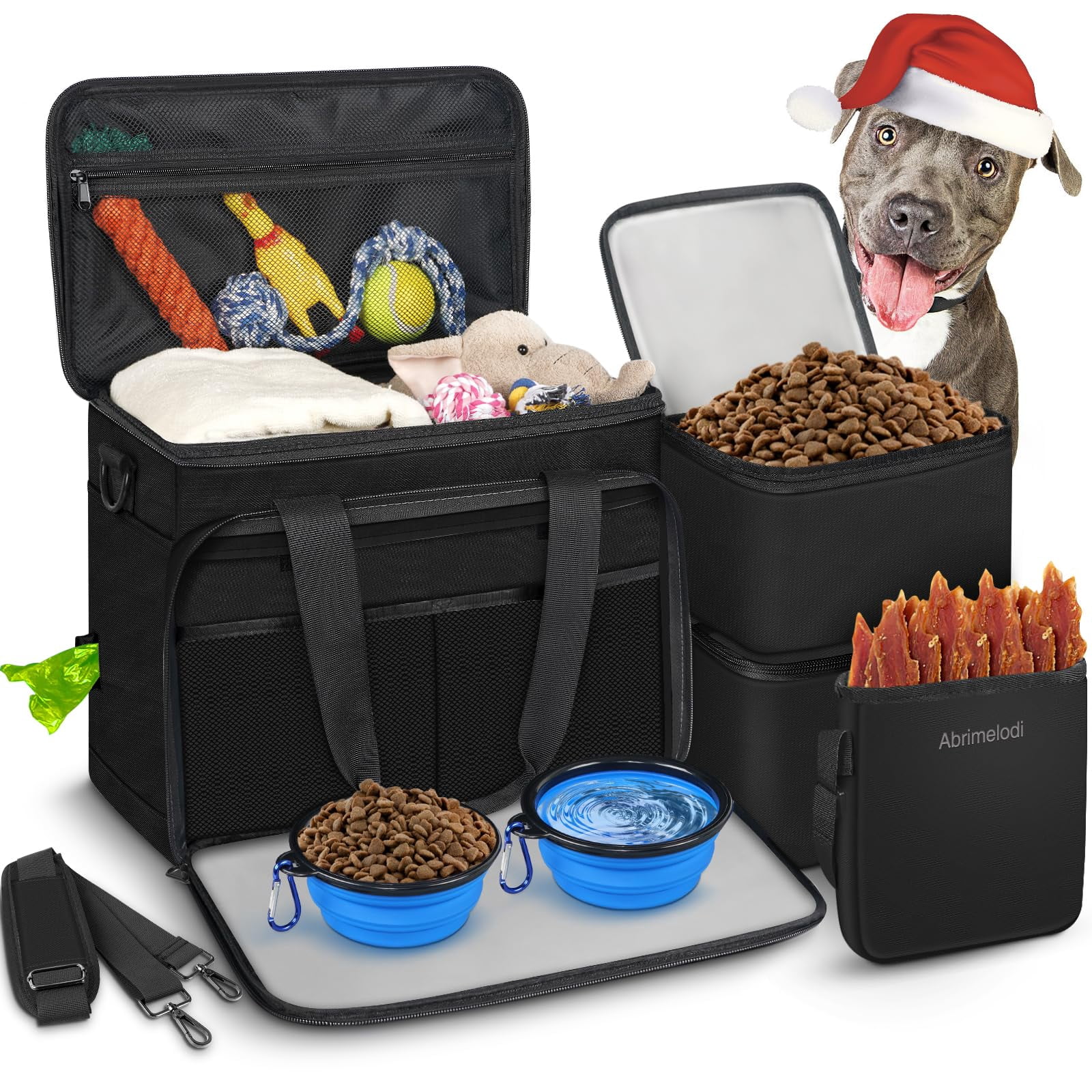 Abrimelodi Conjunto de 6 bolsas de viagem para cães, suprimentos grandes para animais de estimação, inclui 2 tigelas dobráveis para cães, 2 recipientes para alimentos, 1 bolsa de petiscos com bolsa de