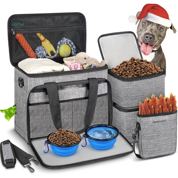 Abrimelodi Set of 6 Dog Travel Bag for Food, Large Pet Supplies Includes 2 Collapsible Dog Bowls, 2 Food Containers, 1 Treat Pouch with Pet Travel Bag, Gray