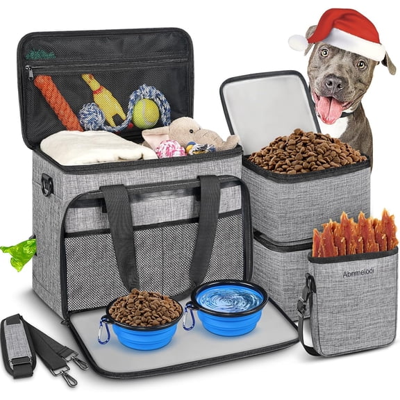 Abrimelodi Set of 6 Dog Travel Bag for Food, Large Pet Supplies Includes 2 Collapsible Dog Bowls, 2 Food Containers, 1 Treat Pouch with Pet Travel Bag, Gray