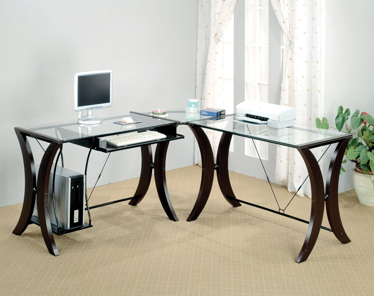Abron Reversible Glass LShape Executive Desk, Keyboard tray and a
