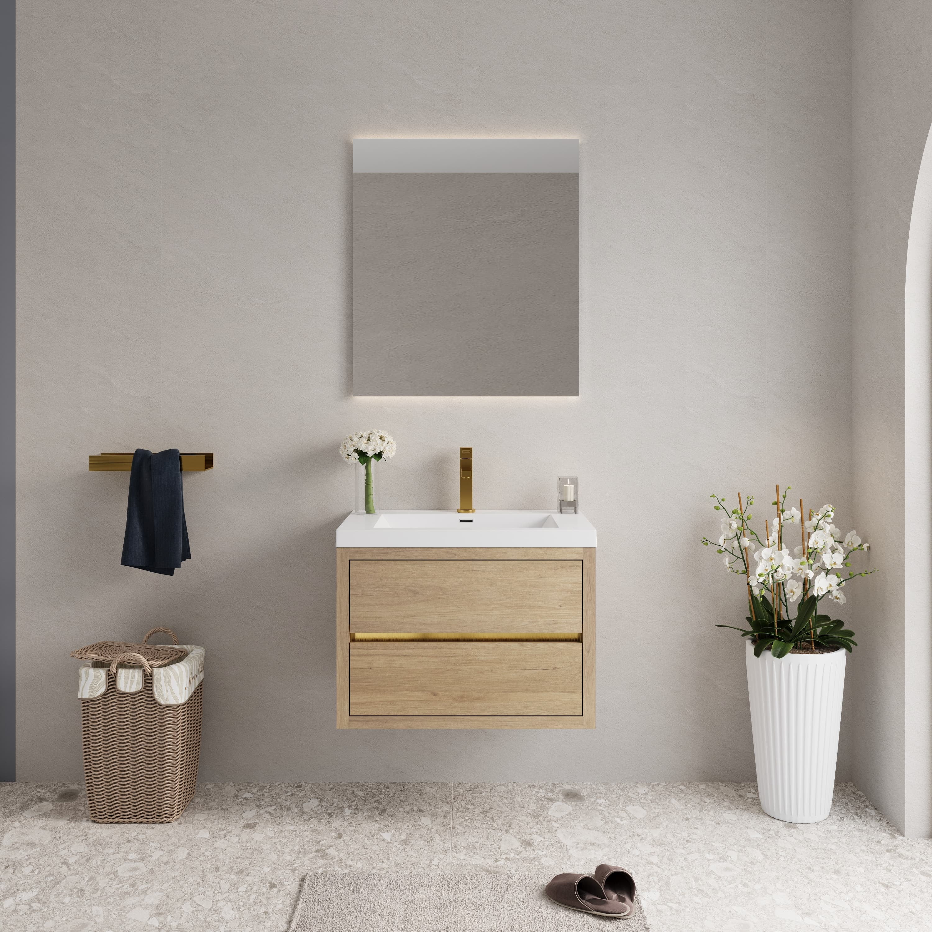 Abruzzo 30" Natural Oak Wall-Mounted Bathroom Vanity with Sink – Stone Resin Countertop & Soft-Close Drawers, Waterproof Wood Cabinet for Small Bathrooms