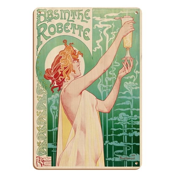 Absinthe Robette - Art Nouveau Belgian - Vintage Advertising Poster by Henri Privat Livemont c.1896 - 8 x 12 inch Vintage Wood Art Sign