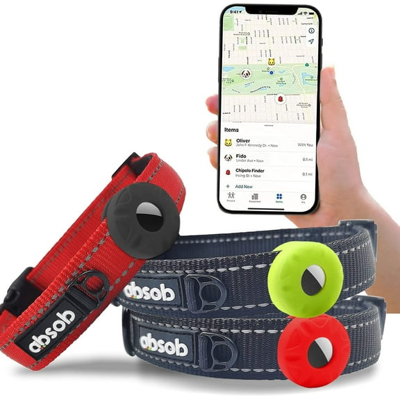 Absob Adjustable Dog Collar with Airtag Case Holder Double-Layer Webbing Nylon Reflective Lost Positioning Tracker Anti-Lost Locator for Dogs Puppy Cat Pet