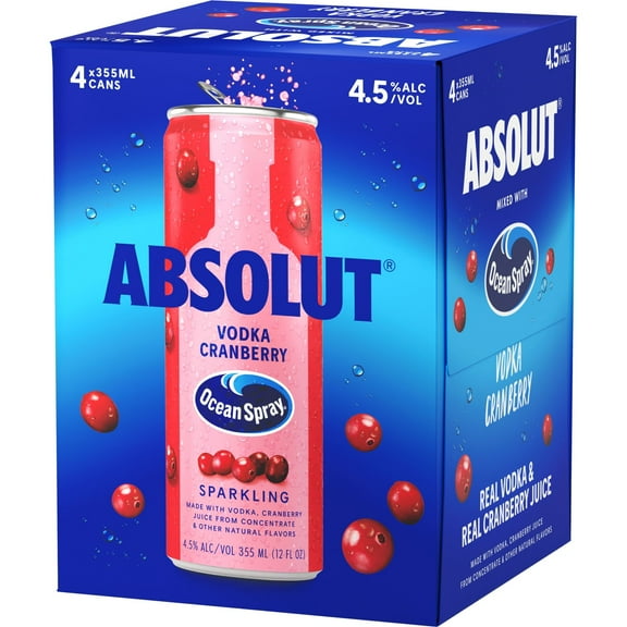 Absolut + Ocean Spray Cranberry Ready to Drink Vodka Cocktail, 4 pack, 12oz Cans, 4.5% ABV
