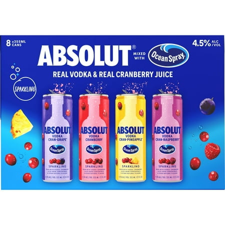 Absolut + Ocean Spray Ready-to-Drink Vodka Cocktail, Variety Pack of 8, 12oz Cans, 4.5%ABV