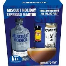 Absolut Vodka 750 ml with 1-50 ml of Kahlua Coffee Liqueur and 1-Owens Espresso Martini Mix, 3 Pc. 40% ABV. Taste of coffee.