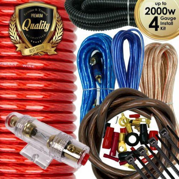 Absolute 2000W KIT-4 Gauge Amp Kit Amplifier Install Wiring Complete 4 Ga Car Wires Red