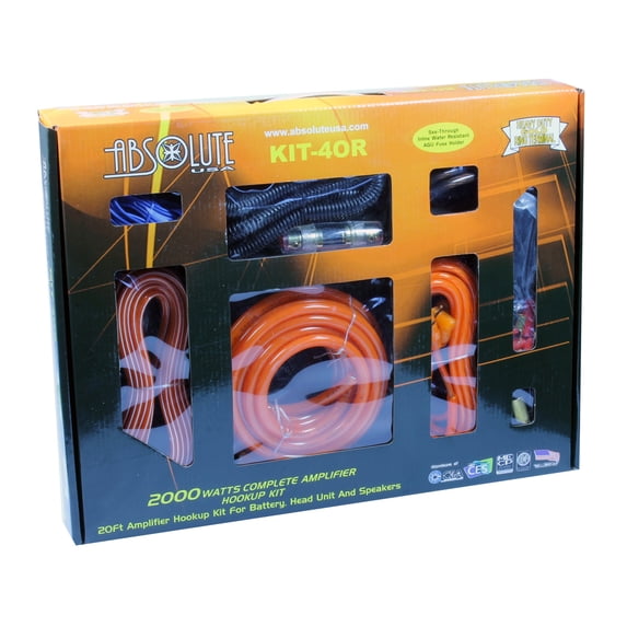 Absolute KIT4OR AMP KITComplete PRO Marine Auto Car RV 4 Gauge 2000 Watts Amplifier Complete Installation Amp Kit Power Wiring with Orange Accent Color Scheme