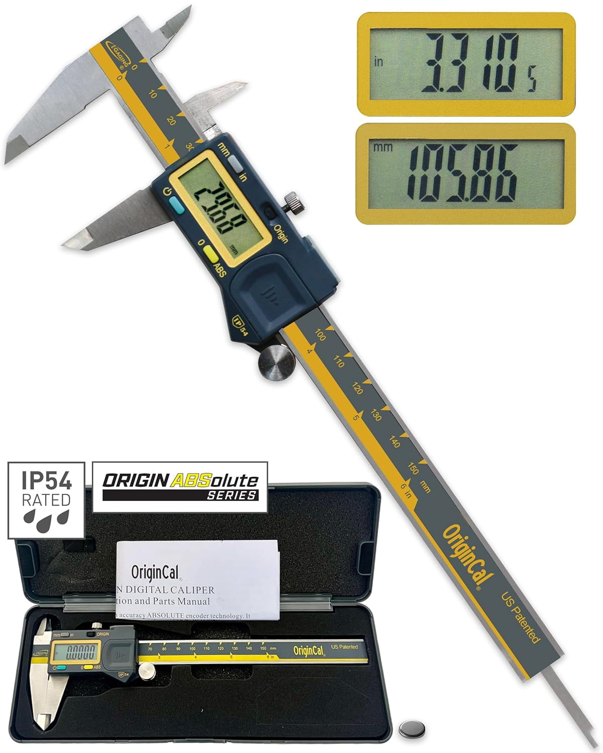 Absolute Origin 0-6" Digital Caliper, IP54 Stainless Steel, SPC/USB Output Port, Inch & Metric Modes, Case, Manual