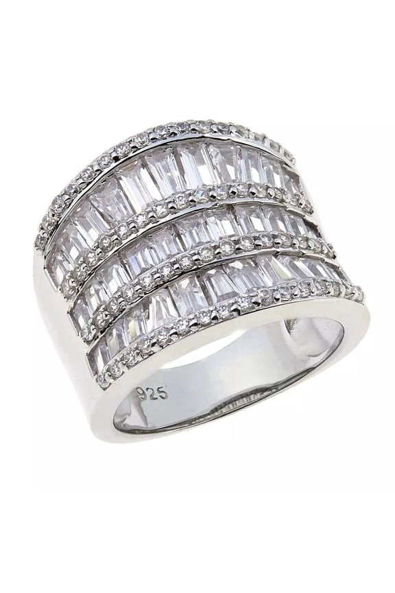 Sterling Silver Cz Baguette & Round Multi-Row Saddle Ring, Size 6
