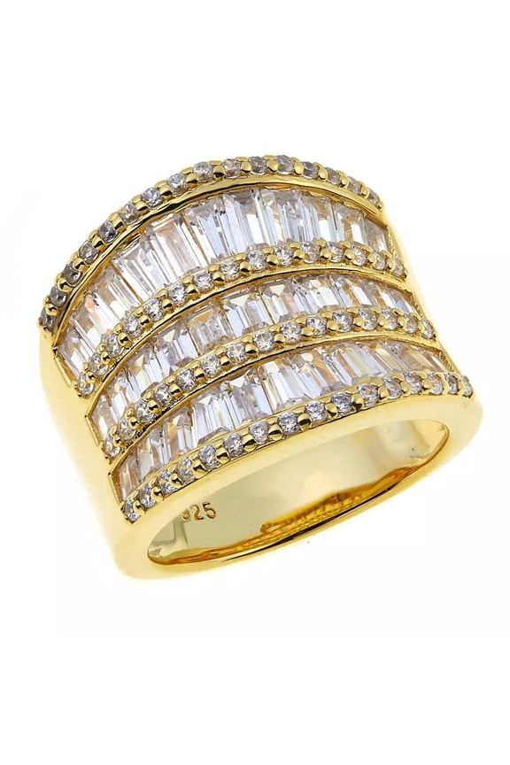 Sterling Silver Goldclad Cz Baguette & Round Multi-Row Saddle Ring, Size 6