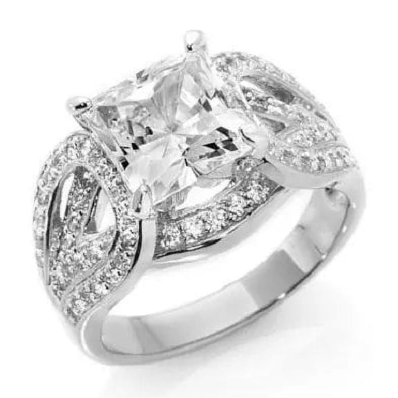 Absolute Sterling Silver Princess Solitaire Pave Wide Band Ring, Size 9