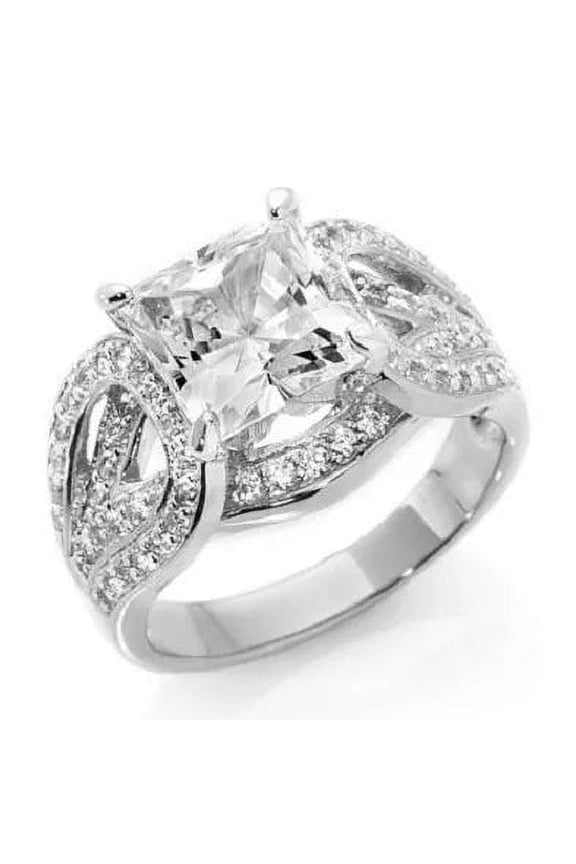 Sterling Silver Princess Solitaire Pave Wide Band Ring, Size 9