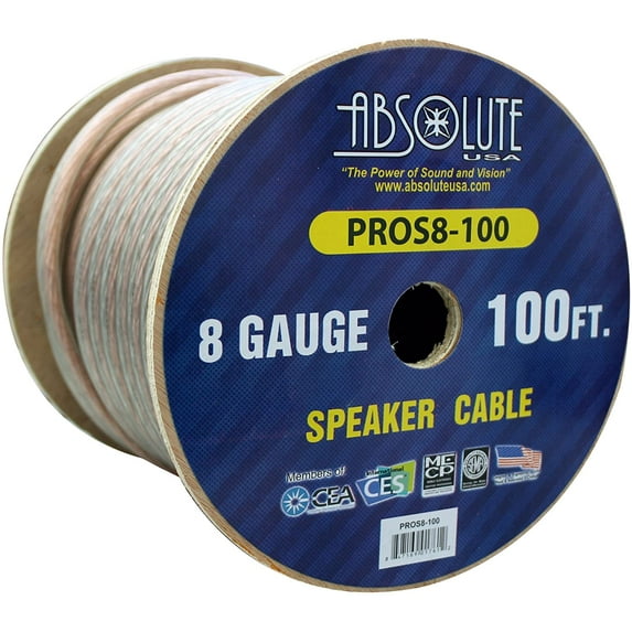 Absolute USA PROS8100 8 Gauge Speaker Wire100' 8 Gauge PRO PA DJ Car Home Marine Audio Speaker Wire Cable Spool