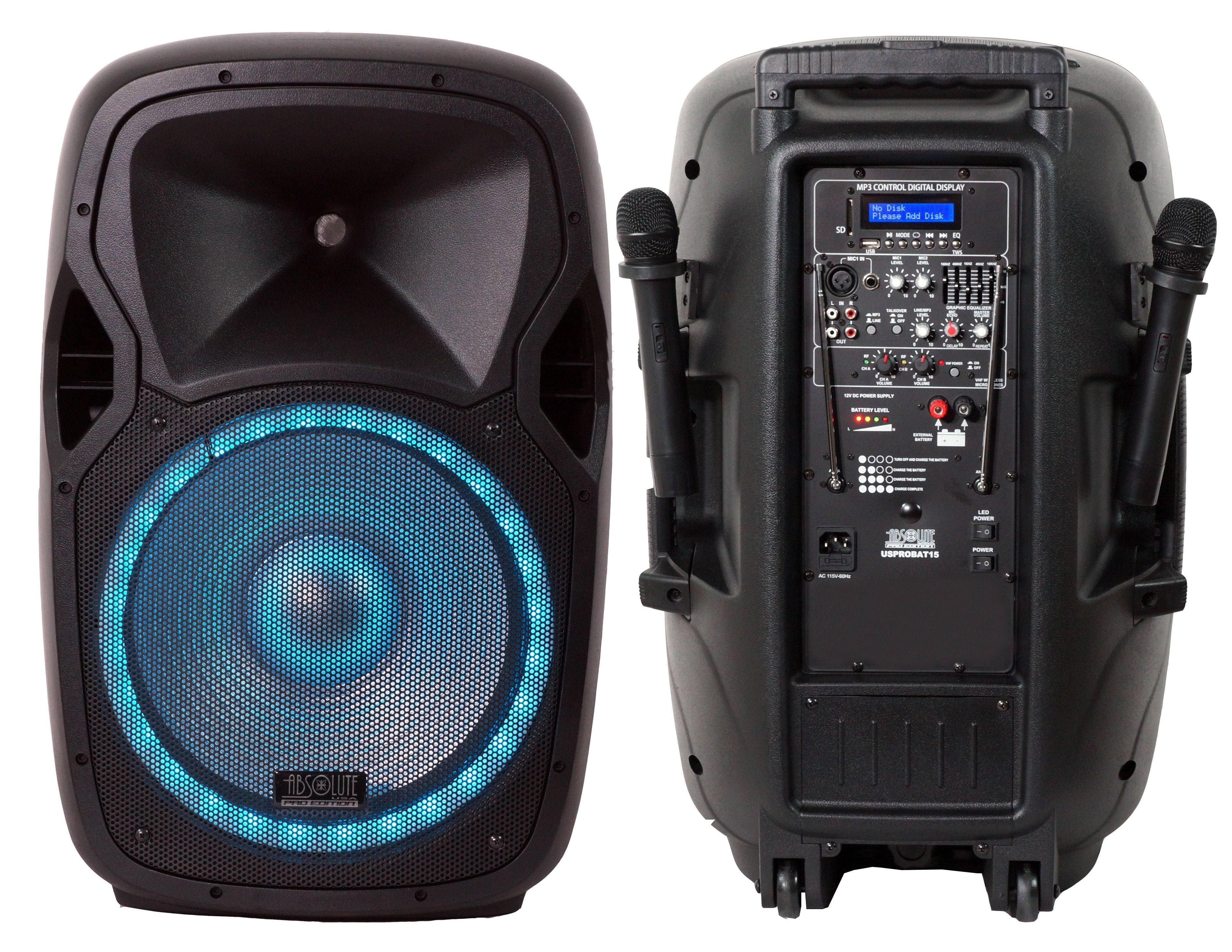 Absolute USA USPROBAT15 Portable 15" Speaker 3500W PA System Wireless Mic Bluetooth Rechargeable