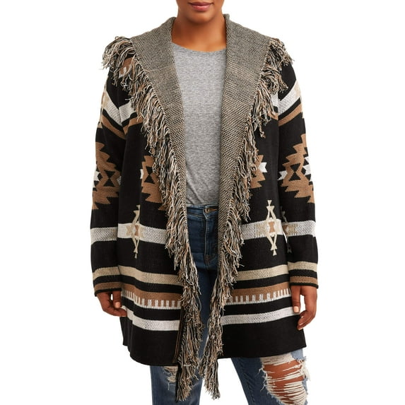 Absolutely Famous Women's Plus Size Jacquard Open Front Cardigan with Fringe Trim, Midweight, Sizes 1X-3X