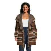 Absolutely Famous Women's Plus Size Jacquard Open Front Cardigan with Fringe Trim, Midweight, Sizes 1X-3X