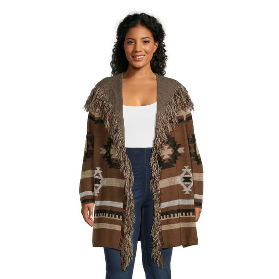 Absolutely Famous Women's Plus Size Jacquard Open Front Cardigan with Fringe Trim, Midweight, Sizes 1X-3X