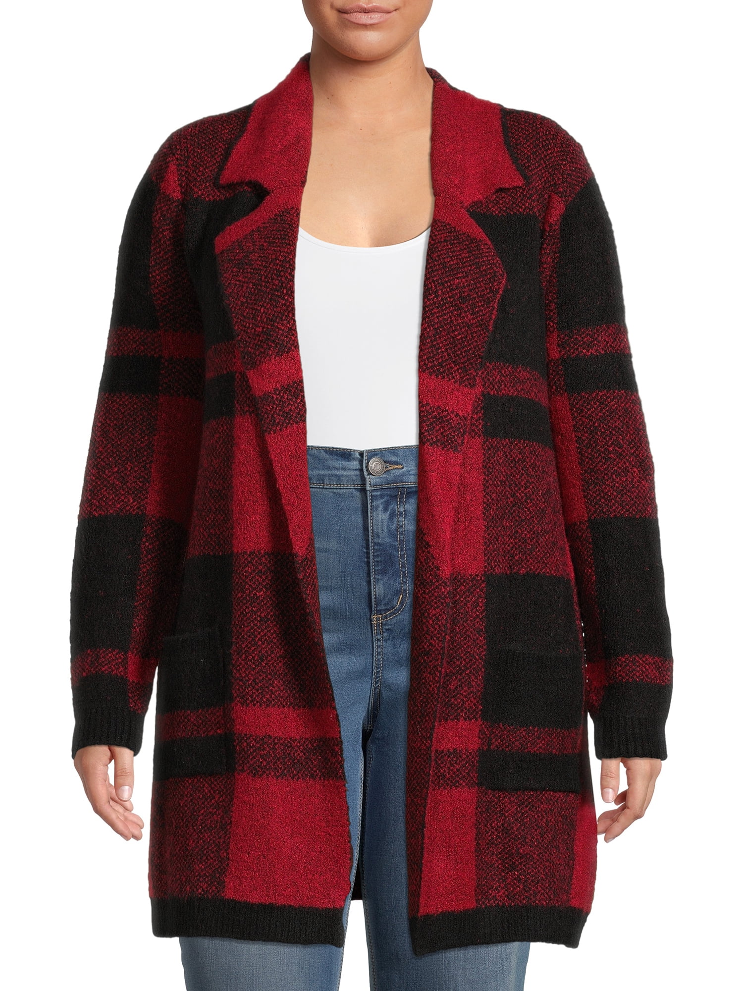 Absolutely Famous Women's Plus Size Notch Collar Plaid Coatigan