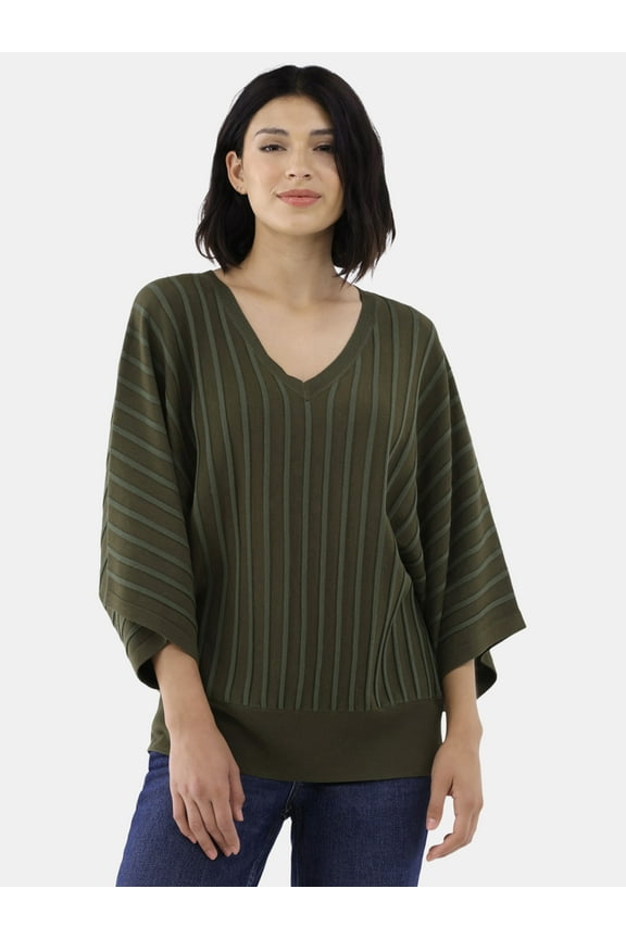 Women's V-Neck Striped Textured Dolman Sleeve Pullover, Sizes 1X-4X