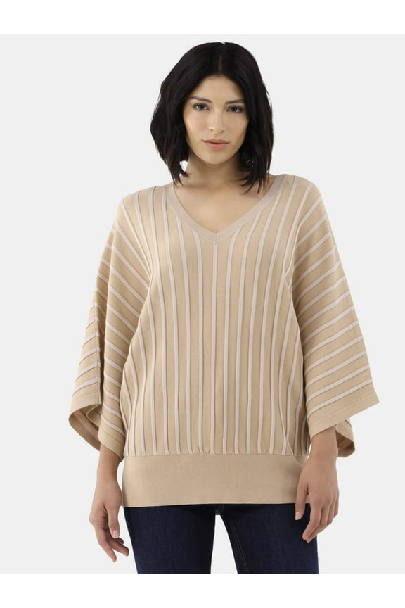 Women's V-Neck Striped Textured Dolman Sleeve Pullover, Sizes 1X-4X
